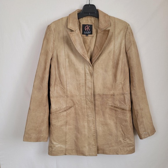 Akoury Vintage Tan Genuine Leather Button Blazer Jacket - Picture 4 of 14